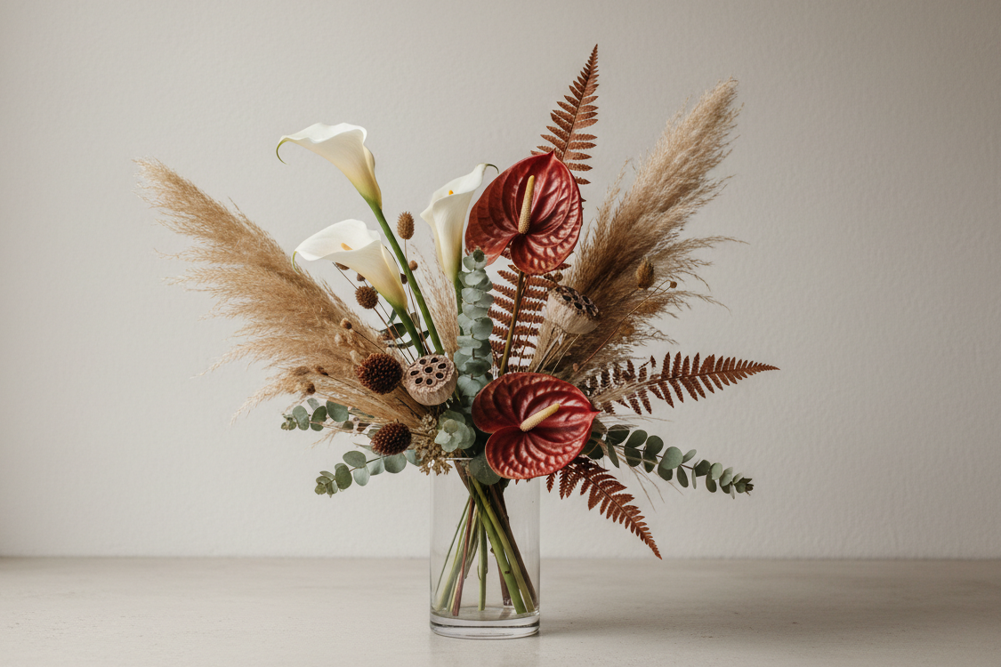 Bouquet of flowers with dried elements in a clear vase 
