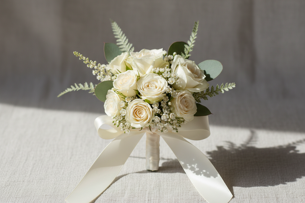 Pin style of white rose corsage with greens