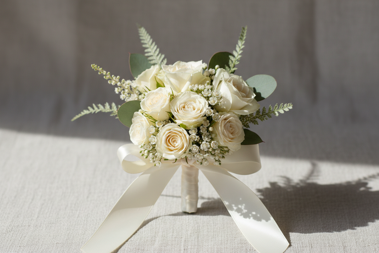 Pin style of white rose corsage with greens
