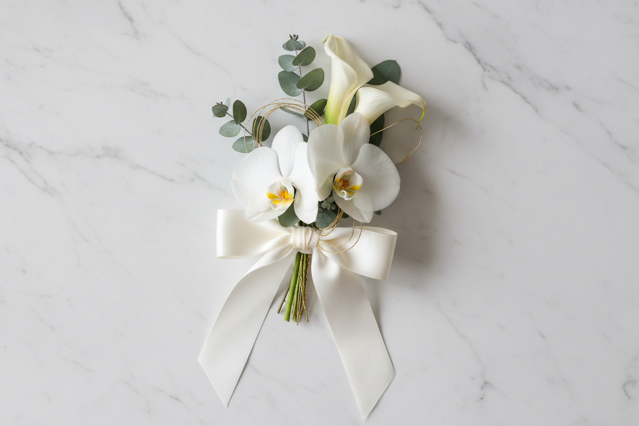 Corsage of white flowers with a bow 