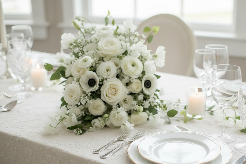 Elegant white flowers of bridal bouquet