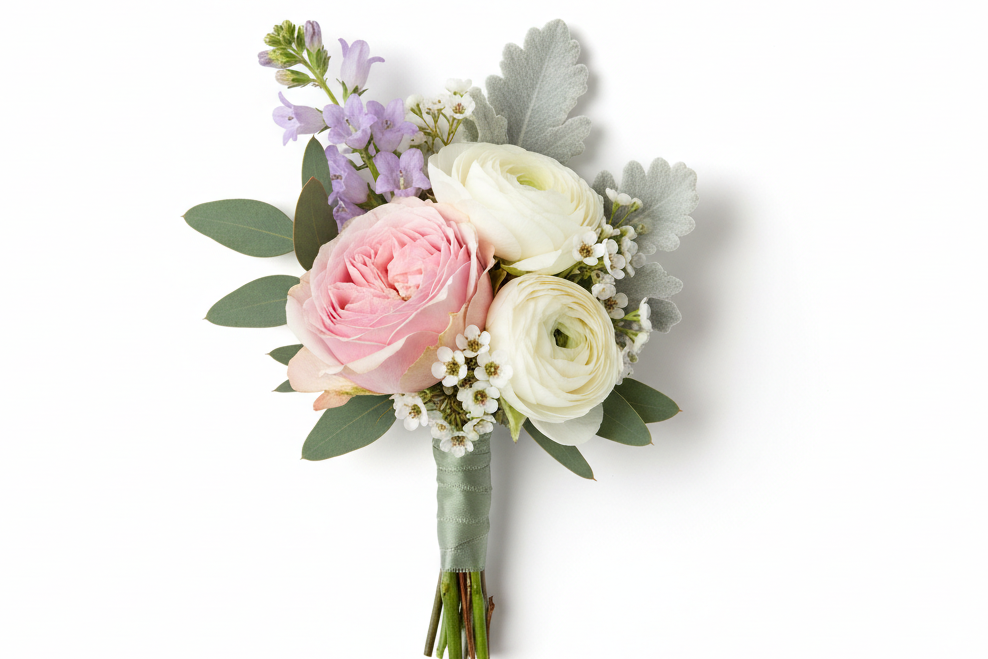 Boutonniere of flowers with pink, white, and purple flowers on a white background