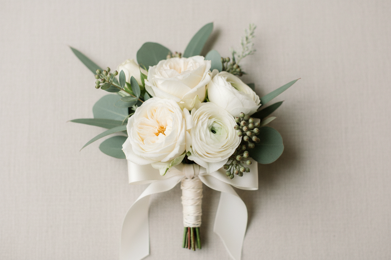 White floral boutonniere with greenery 