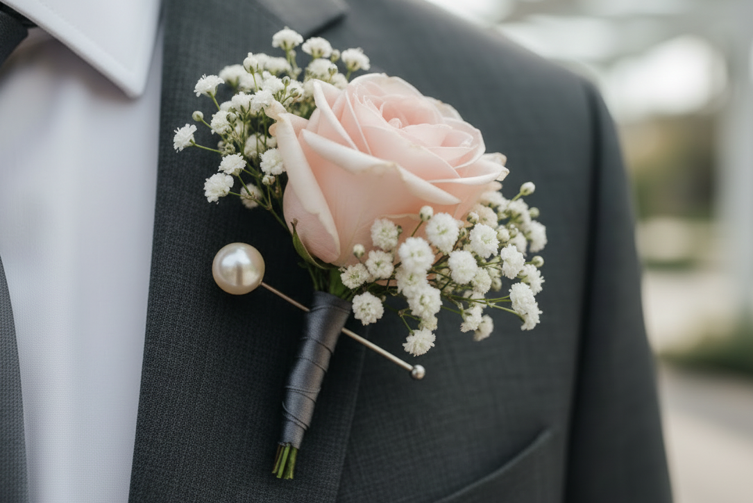 Floral boutonniere on a gray suit 