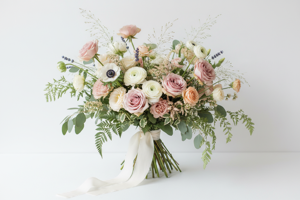 Bouquet of flowers with pink and white seasonal flowers