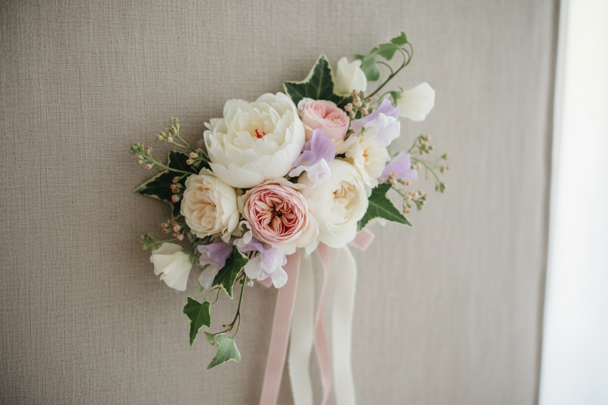 Wrist corsage  of flowers with pink and white ribbons 