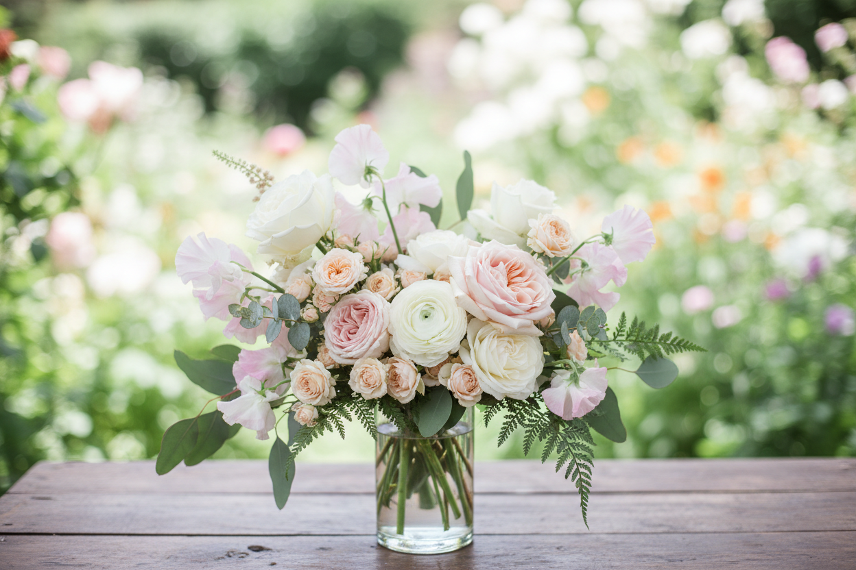 Bouquet of flowers in a clear vase 